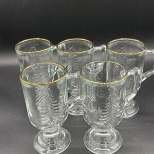 Vintage Indiana Glass Footed 3D Christmas Tree Gold Rim Mugs - Set of Five